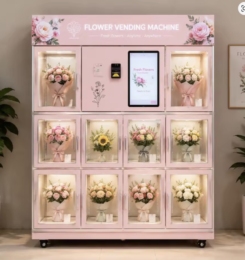 Pink flower vending machine with fresh bouquets