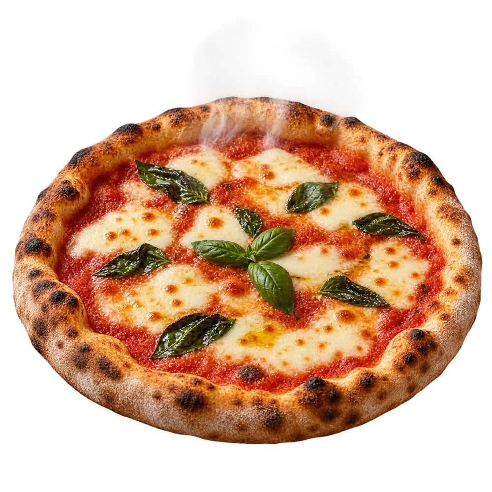 Freshly baked Italian margherita pizza with melted mozzarella, basil and rising steam